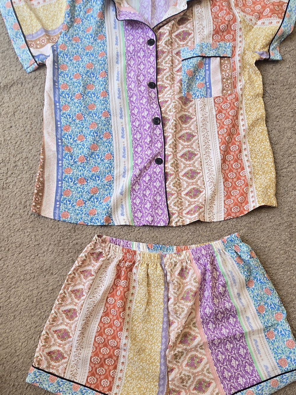 Colorful Striped Patchwork Button-Up Top & Shorts Set